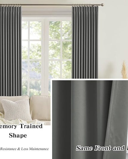 Grey Blackout Curtains 105 Inches Long 2 Panels Set, 60 Inch Wide Pinch Pleated Curtain with Hooks,Thermal Insulated Room Darkening Vertical Window Treatments for Living Room Bedroom 60 x 105