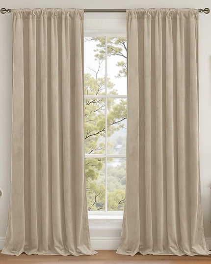 LAMIT Taupe Velvet Curtains 108 Inch for Living Room, Thick Thermal Insulated Room Darkening Drapes Super Soft Elegant Back Tab and Rod Pocket Panels for Sliding Glass Door, 2 Panels, 52 x 108 Inch