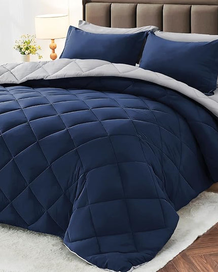 MUXHOMO 7 Pieces Queen Comforter Set, Reversible Bed in a Bag Queen Size, All Season Bedding Set with Comforter, Flat Sheet, Fitted Sheet, Pillowcases & Shams, Navy & Light Grey