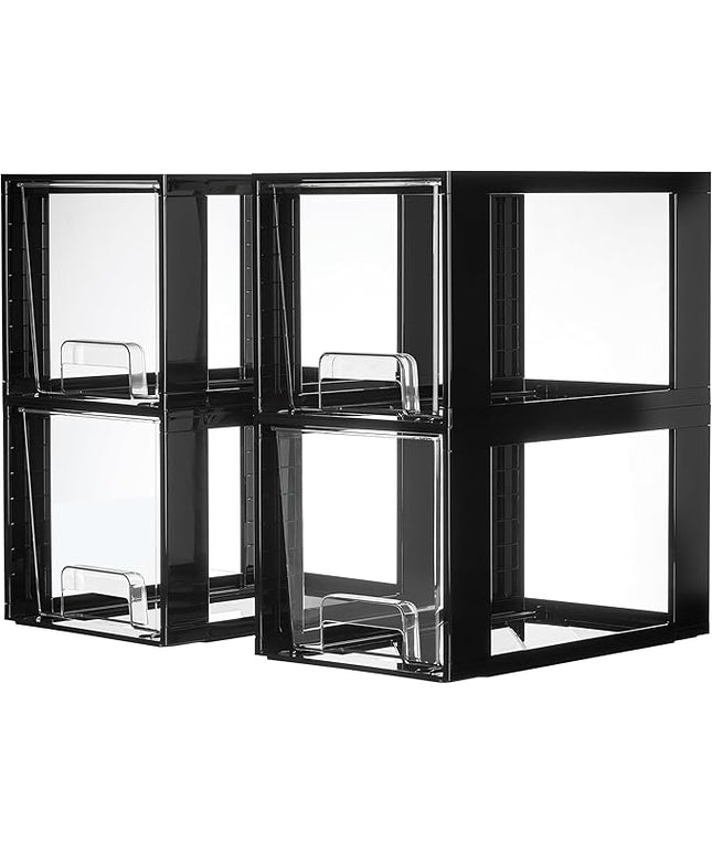 Vtopmart 4 Pack Large Stackable Storage Drawers,Black,Easily Assemble Acrylic Bathroom Closet Undersink Organizers and Storage,Plastic Bins for Kitchen Cabinets,Pantry,Makeup,Medicine Organization