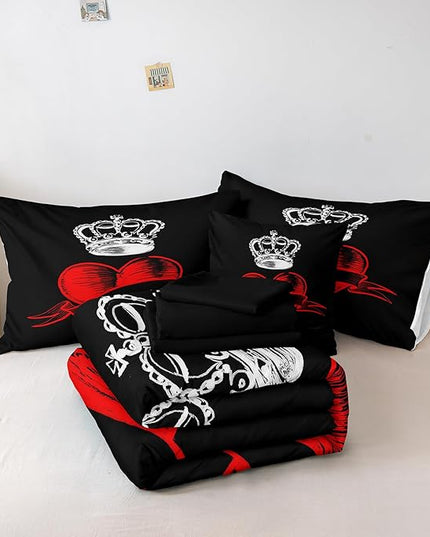 Merryword 6 Pcs Bed in a Bag Love Heart Comforter Set Twin Size Prince Princess Bedding Set Crown Pattern Romantic Valentine's Day Comforter Set