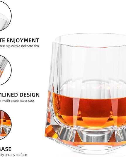 KAMMAK Crystal Old Fashioned Glass Set of 2, 8.79 oz (260ml) Hand Blown Whiskey Glasses, Tumbler with Delicate Rim & Weighted Base, Lead-Free Barware for Scotch, Bourbon, Cocktail