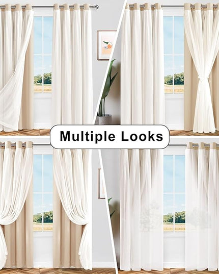 Hiasan Blackout Curtains with Sheer Overlay, Grommet Thermal Insulated Privacy Mix and Match Double Layer Window Curtains for Girls Bedroom, Living Room, 2 Drape Panels with Tiebacks, Beige, 70W X 63L