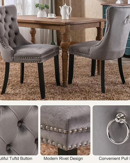 Modern 5-Piece Glass Dining Table Set for 4, Modern 60" Rectangle Black Glass Dining Room Table Set with Grey Velvet Tufted Chairs Wood Legs for Kitchen Dining Room