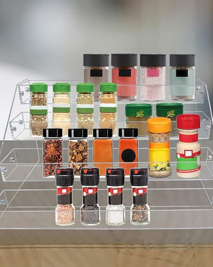 PMMASTO Tiered Spice Rack, Seasoning Organizer, Clear Acrylic Vertical Shelves Can Organizer for Countertop, Cabinet, Pantry, Kitchen Organization and Storage - 4 Tier