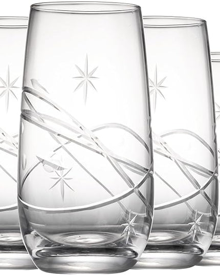 SHOSHIN Hand-Cut Highball Glasses – Elegant 17 oz Lead-Free Crystal Drinking Glasses with Space Pattern, Dishwasher Safe, Perfect for Water and Collins Cocktails (Set of 4)