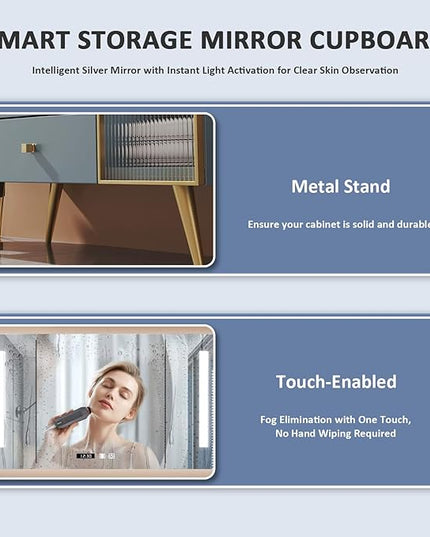 36IN Bathroom Vanity - Bathroom Vanity with Sink Set with Transparent Glass Cabinet Door, Mirror Cabinet Intelligent Demisting & LED Lights | Gold Bathroom Vanity Cabinet with Copper Faucet