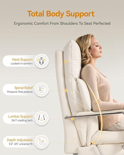 Reclining Office Chair with Footrest - 25.6" Wide Seat & Adjustable Seat Depth, Big and Tall High Back Leather Executive Home Office Desk Chair 400lbs, Cream