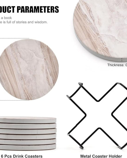 6Pcs Drink Coasters with Holder, Marble Style Ceramic Drink Coaster, Absorbent Coasters Set Suitable for Kinds of Cups, Modern Style Coasters for Coffee Table, 4 Inches