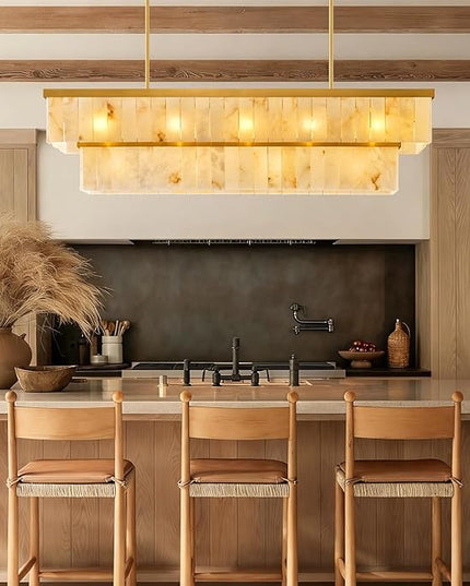 Rectangle Alabaster Chandelier, L54 Brass Linear Chandeliers Over Table Pendant Light Modern Mrable Rectangular Chandelier for Kitchen Island Dining Room Living 2-Tier Gold(Include 16 Bulbs)