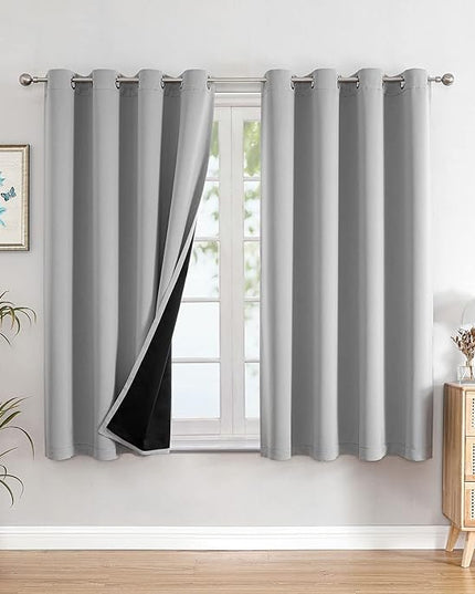 ChrisDowa 100% Blackout Curtains for Bedroom with Black Liner, 2 Thick Layers Total Blackout Thermal Insulated Grommet Small Window Curtains 54 Inch Long 2 Panels Set (Light Grey, 52 x 54 Inch)