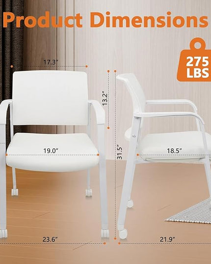 CLATINA Stacking Office Chairs with Wheels | Mesh Back, Thicken Leather Seat and Streamline Armrests, Ergonomic Lumber Support | School, Desk, Guest Reception, Waiting, Conference | Set of 8, White