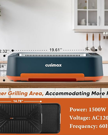 Electric Grill, CUSIMAX Smokeless Indoor Grill & Griddle, Electric Korean BBQ Grill with Turbo Smoke Extractor & REPLACEABLE Filter Sponge, Smart LED Display, Larger Grilling Area, 1500W(New Model)