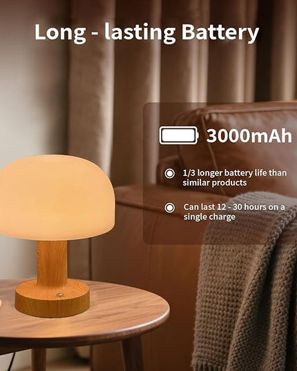 Mushroom Operated Table Lamp 3000mAh Cordless Rechargeable, Touch Dimmable Desk Lamp, LED Night Light for Patio Camping Restaurant Home, H7.3in, Wood Grain
