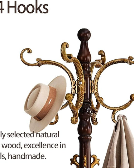 Coat Rack Freestanding, Wooden Coat Tree with Stable Round Base, Vintage Heavy Duty Coat Rack Stand with 14 Hooks, Coat Hanger Stand for Bedroom, Office, Entryway (Vintage)