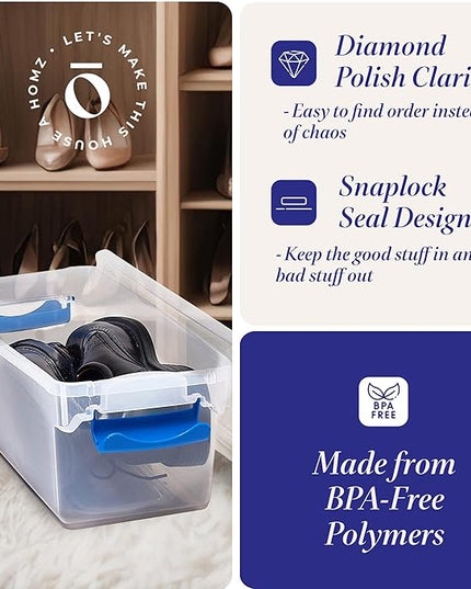 HOMZ 5-Pack Latching Lid, Clear Plastic Storage Organizer Bins, 7.5 Quart, Blue Latch - Stackable Organizing Containers for Home, Garage, and Office