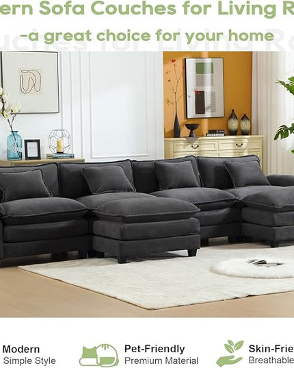 154" Modular Sectional Sofa, Comfy Cloud Couch Sectional Sofa with Ottoman, Velvet Sofa Sleeper Deep Seat Sofa with Throw Pillows for Living Room (Blue Gray, 154"- U Shape)