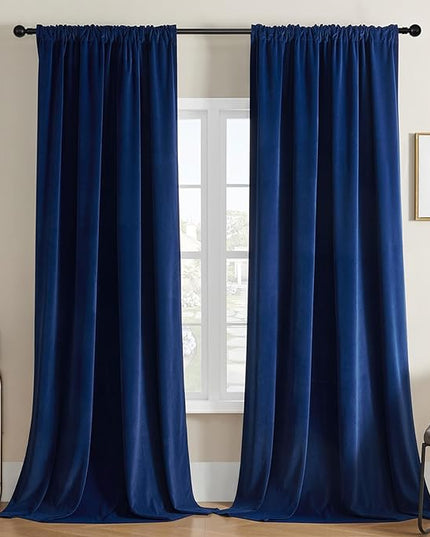 Joydeco Blue Velvet Curtains 120 inch Length 2 Panels Burg Set, Luxury Rod Pocket Thermal Insulated Window Blackout Curtain, Room Darkening Drapes for Living Dining Room Bedroom Privacy