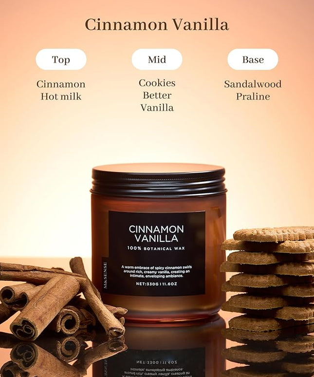 M&SENSE Cinnamon Vanilla Fall Scented Candles for Home, Natural Soy Wax 11.6oz 70 Hours Large Long Lasting Strong Scented Classic 2 Wicks Jar Candle Gift for Housewarming