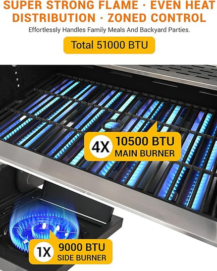 Upgraded 51,000 BTU Stainless Steel Burner Barbecue Grill, 4 Burner BBQ Propane Gas Grill with Side Burner, 452 sq.in Cooking Area with Porcelain for Patio, Camping, Outdoor Cooking
