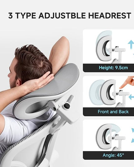 Ergonomic Office Chair with Adjustable Lumbar Support & Headrest, 330 LBS High Back Mesh Chair with Flip-up Armrests for Long Hours, Home Office Desk Chair, White and Gray