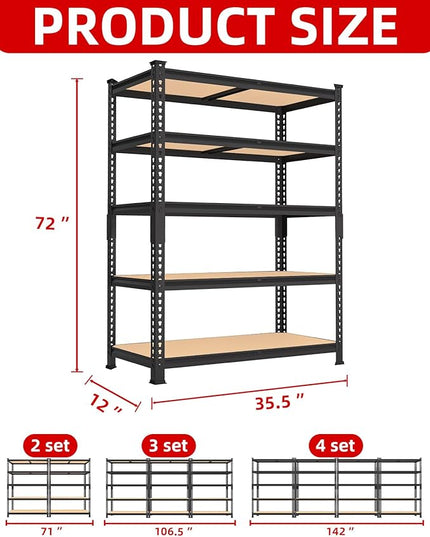 PrimeZone 35.5" x 12" x 72" Heavy Duty Storage Shelves - 5 Tier Adjustable Garage Storage Shelving, Metal Storage Utility Rack Shelf Unit for Warehouse Pantry Closet Kitchen, Black, 3 Pack