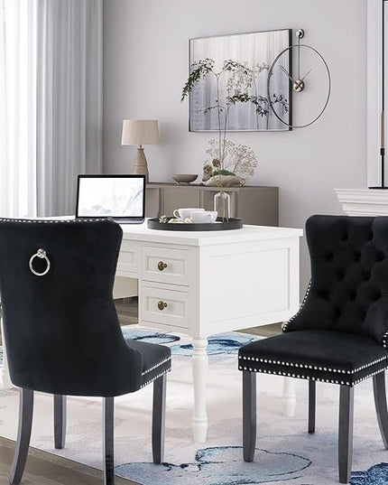 SoarFlash Velvet Dining Chairs Set of 2, Tall Back Side Chair, Modern Upholstered High-end Tufted Side Chair with Button Back Ring, Solid Wood Legs (Black)