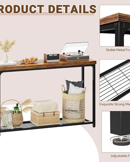 Console Table for Entryway, Narrow Entryway Table with Storage, Sofa Table with Mesh Shelves, Console Tables for Living Room, Bedroom, Hallway, Foyer (2 Tier, Rustic Brown, 47 inch)
