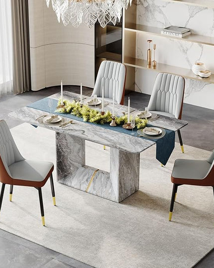 Dinner Table Set for 4, 5 Piece Dining Table Set with Chairs, 63" Faux Marble Modern Table with 4 PU Leather Upholstered Chairs, for Kitchen & Dining Room