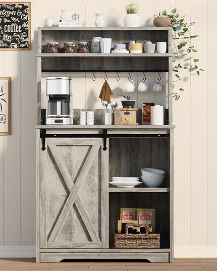 Farmhouse Coffee Bar with 3 Tier Storage Hutch, 56 Inch Small Coffee Station with 6 Hooks, Corner Bar Table with Adjustable Shelves for Living Dining Room (Grey)