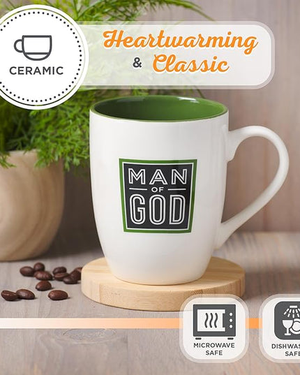 Christian Art Gifts Inspirational Ceramic Coffee & Tea Scripture Mug for Men: Man of God Encouraging Bible Verse, Durable Microwave & Dishwasher Safe Novelty Drinkware, White & Forest Green, 12 oz.