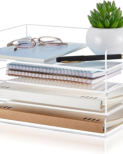 Harloon 4 Tier Acrylic Paper Tray 12.4 x 8.9 x 1.7 Inches Stackable Letter Clear Organizer No Need to Assemble Acrylic Paper Organizer File Tray for Office Workspace Desktop Storage(Transparent)