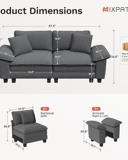 87" Cloud Modular Sectional Loveseat, 2-Seater w/Deep Seat & Removable Arms, Plush Corduroy for Small Living Room & Apartment - Gray