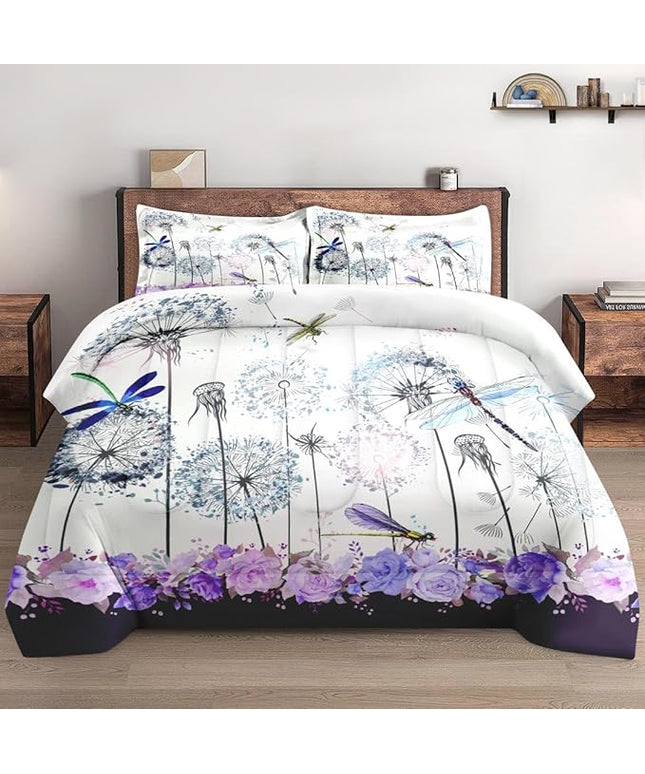 Twin Size Comforter Set with Pillowcase, Spring Dragonfly Purple Flower 2 Pcs Bedding for Kids and Adults, Vintage Summer Botanical Soft Comforter Set for Bedroom Bed Decor