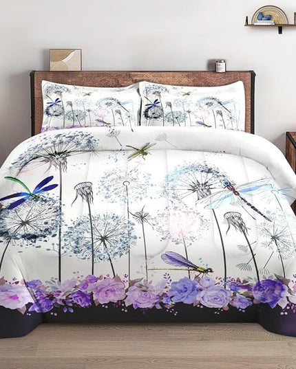 Full Size Comforter Set with 2 Pillowcases, Spring Dragonfly Purple Flower 3 Pcs Bedding for Kids and Adults, Vintage Summer Botanical Soft Comforter Set for Bedroom Bed Decor