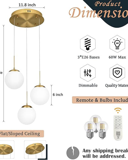 KoKo&Yukina 3-Light Globe Glass Pendant Light Modern Gold Globe Chandelier Adjustable Length Pendant Light Fixtures Milky White Glass Lights Fixture for Hallway Living Room Bedroom