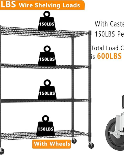 Himimi Storage Shelves 60" W Wire Shelving with Wheels 2600LBS Heavy Duty Metal Shelves for Storage, 4-Tier Adjustable Wire Rack Shelving Garage Shelving Kitchen Storage Shelves 24" Dx60 Wx72H, Black