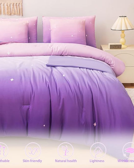 Rainbow Bedding Set Full Size – 7 Piece Reversible Girls Comforter with Deep-Pocket Sheet, Gradient Galaxy Design, Whole-Piece Filling, Machine Washable Bed-in-a-Bag for Kids Room Makeover & Gifts