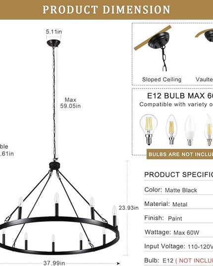 Wagon Wheel Chandelier 12 Lights 38" Large Black Farmhouse Chandelier for Dining Room Chandelier Rustic Country Pendant Light Fixtures Round Chandeliers for Living Room Outdoor High Ceilings Foyer