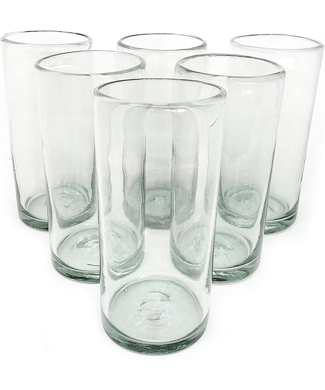 Clear 20 oz Tall Iced Tea Glasses (set of 6), Hand Blown Mexican Glassware, Recycled Glass Drinking Glasses, Lead-Free, Cocktail Margarita Glasses, Wine Glasses, Shot Glasses, Whiskey Glasses (IceTea)