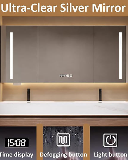 Luxury Bathroom Vanities, Defogging LED Lighted Mirror, Bathroom Cabinet with Solid Wood & Double Integrated Sink, Bathroom Vanity (Light Brown, 88'')