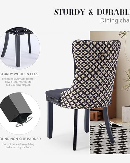 SoarFlash Velvet Dining Chairs Set of 6, Tall Back Side Chair, Modern Upholstered Side Chair with Button Back Ring, Solid Wood Legs (Black&Plaid)