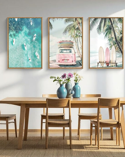 HOURIA Summer Surfboard Beach Framed Canvas Wall Art Set,Modern Ocean Surfing Seascape Wall Decor,Coastal Bus Coconut Tree Wall Painting,Nature Botanical Art Prints for Living Room, Bedroom-24 x36 x3
