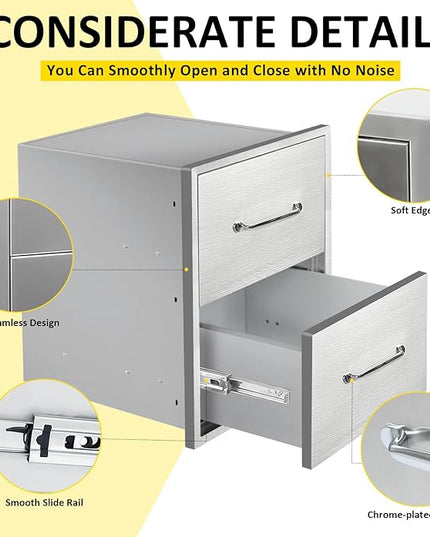 Outdoor Kitchen Drawers 18" W x 21" H x 18" D Flush Mount Double BBQ Drawers with Chrome Handle Stainless Steel Drawer for Outdoor Kitchen Island, Patio Grill Station