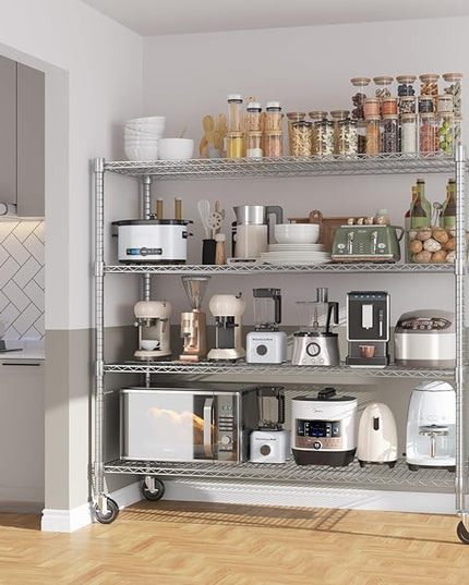 Himimi 72" H Storage Shelves 4 Tier Metal Shelving Adjustable Wire Shelf with Wheels, Heavy Duty Shelving for Garage Kitchen Pantry Bathroom Laundry,18" D*48" W*72" H, Silver