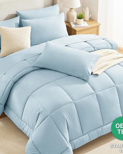 CozyLux Full Size Comforter Sets Light Blue, 7 Pieces Bed in a Bag, Blue Comforter Full Size, All Season Bedding Sets with Stitch Quilted Comforter, Flat Sheet, Fitted Sheet, Pillowcases