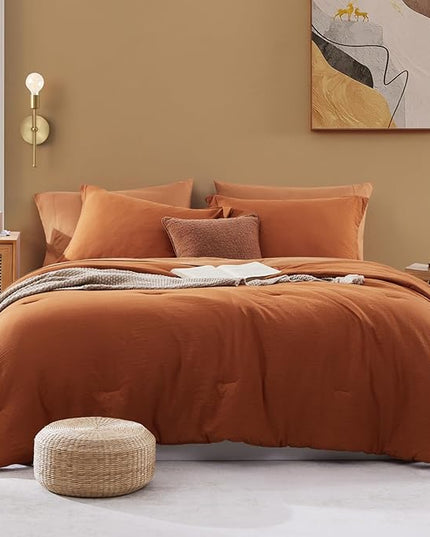 WRENSONGE Oversized Queen Comforter Set - 7 Pieces Burnt Orange Bed in a Bag Queen with Sheets, 2 Pillow Shams, and 2 Pillowcases- Warm Bedding Sets Queen for All Season