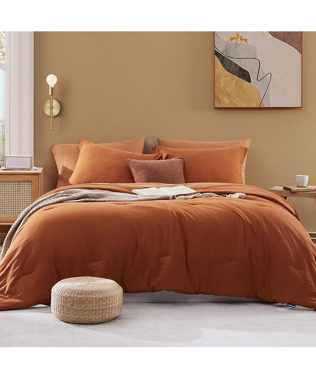 WRENSONGE Oversized Queen Comforter Set - 7 Pieces Burnt Orange Bed in a Bag Queen with Sheets, 2 Pillow Shams, and 2 Pillowcases- Warm Bedding Sets Queen for All Season