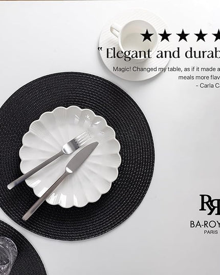 Round Placemats Set of 4 Plastic Woven Placemats Washable Wipeable Table Mats for Dining Table Heat Resistant Non-Slip Circle Place Mats (Black)