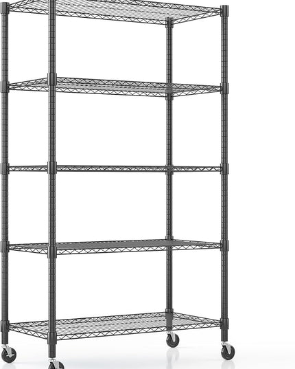 Himimi 5-Tier Heavy Duty Steel Wire Rack Storage Shelving, Adjustable Metal Storage Shelves with Wheels, 82''H Wire Shelf for Kitchen Garage Basement Pantry Organization, 18" D×36" W×82" H-Black